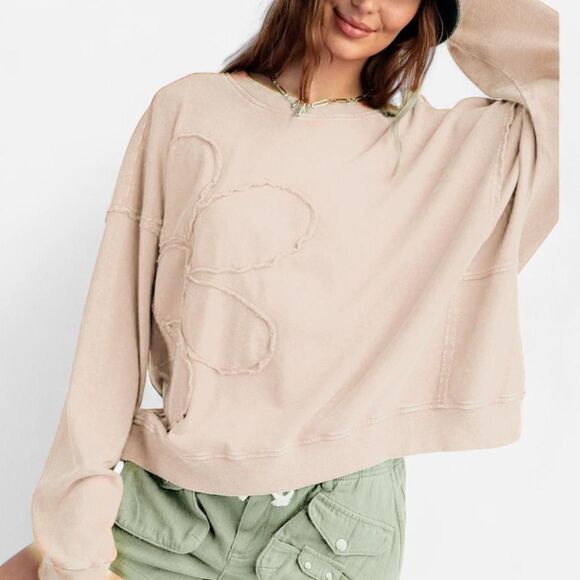 Easel Cream Flower Patch Washed Terry Oversized Pullover Relaxed Boho Large - Picture 3 of 6